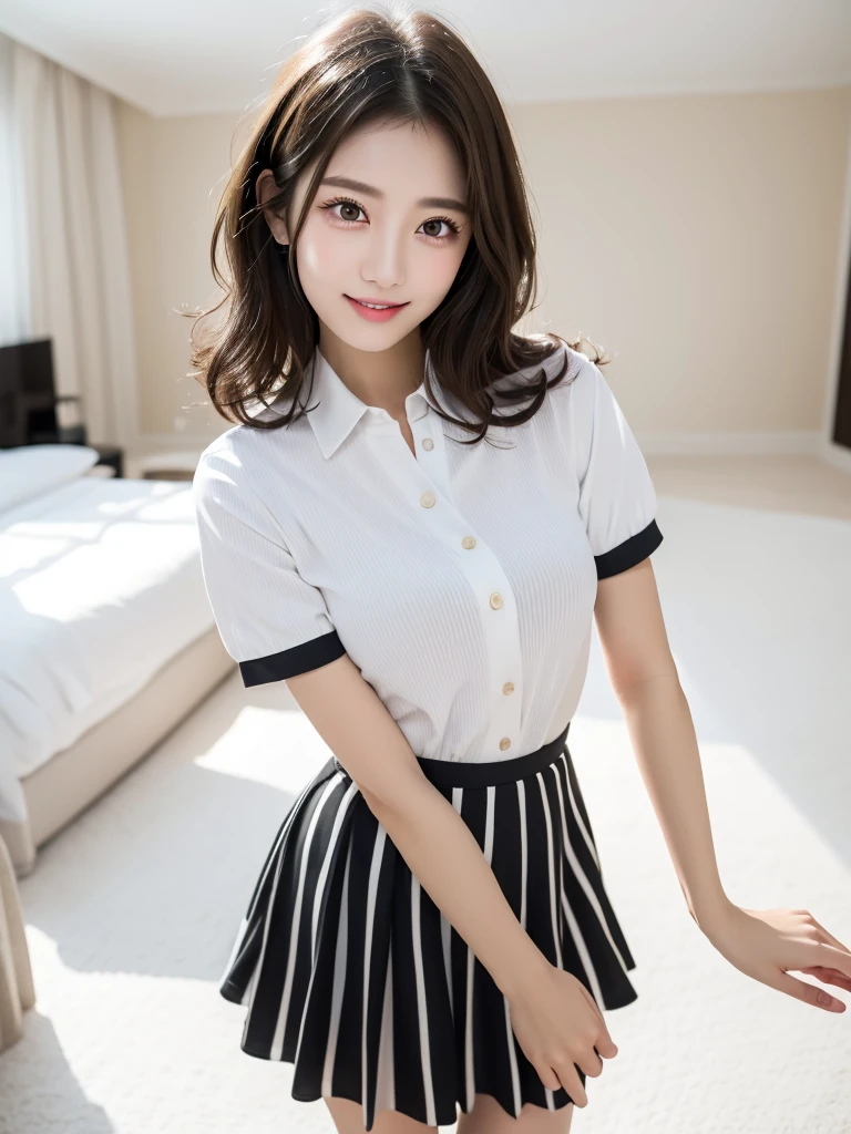(Highest quality:1.9)、(High resolution)、Live-action image quality、((20-year-old woman、1 person))、Soft lighting by a professional photographer、Natural light、((Very spacious white luxurious room:1.6))、((Bright white room:1.6))、(Standing in front of a very luxurious white bed:1.2)、(White bookshelf background:1.1)、Natural soft light、((Black Hair Color:1.1))、Fair skin、Detailed Eyes、double eyelid、Slightly puffy cheeks、((Small Face:1.0))、((White short-sleeved shirt、Please wear it with the chest open.:1.7))、((White and black striped skirt:1.2))、(Cute Smile)、((Girly pose 1.8))、((Long curly hair:1.1))、((Full Body Shot:1.2))、((Height: 165cm))、Hands in front、Hold hands between legs、