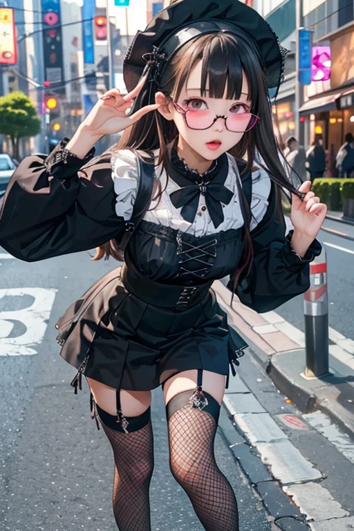 Highest quality、masterpiece、High sensitivity、High resolution、Detailed Description、Slender women、Glasses、Fishnet tights、Gothic Lolita、