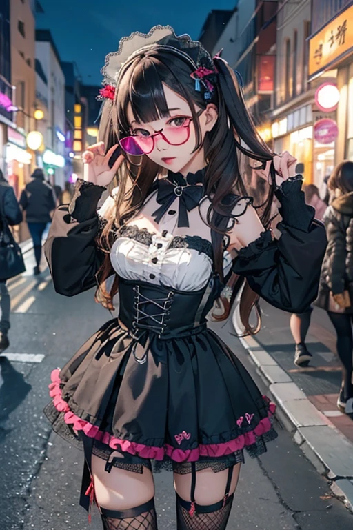 Highest quality、masterpiece、High sensitivity、High resolution、Detailed Description、Slender women、Glasses、Fishnet tights、Gothic Lolita、