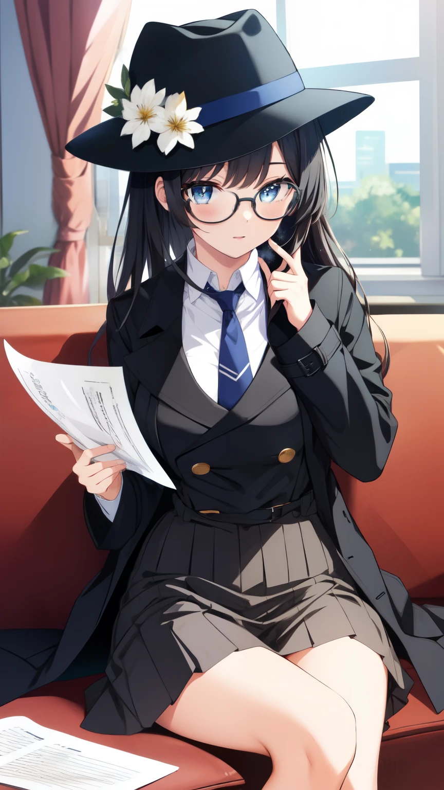 Detective girl, anime, masterpiece, best quality, 1 girl ( black trench coat, suit, skirt, fedora, glasses, cross-legged, sitting on sofa, necktie, right hand hold magnifying glass:1.2, left hand on sofa), ( table, papers on table ), window, ofice background, bokeh:1.1, NEGATIVE_HAND,NEGATIVE_HAND-NEG