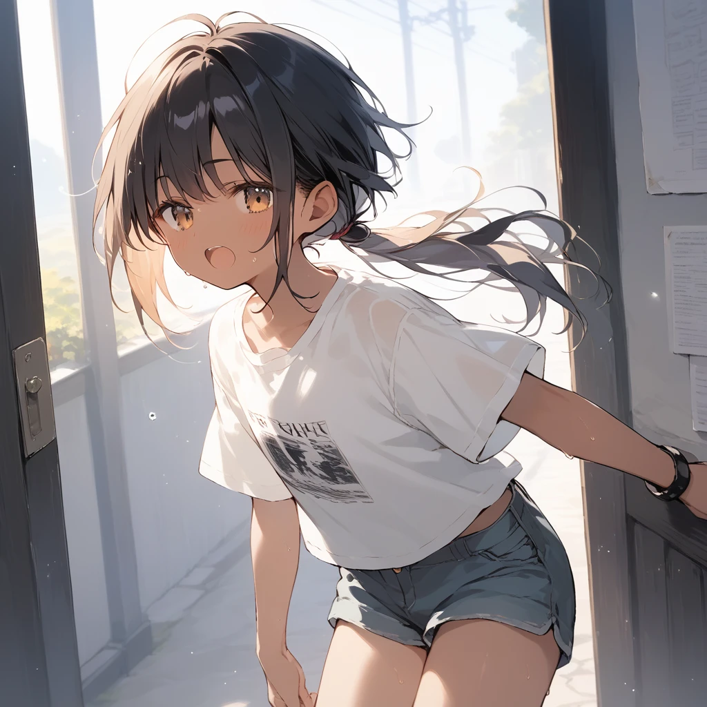 score_9, score_8_up, score_7_up, source_anime, best quality, masterpiece, official art, absurdres, highres, ultra-detailed,waifu2x,Collection: Slice of Life,break,1girl, tomboy, dark-skinned female, short hair, low ponytail, flat chest, beautiful detailed eyes, short shorts, sweat, open mouth, (yawn:0.3), sleepily, outdoors, wind,break,(clear line illustration:1.2), super detailed skin,very high resolution, very aesthetic, Best sexual lighting powered by famous artist, 8k,cute picture,beauty illustration,photoshop_(medium),,(Detailed Lighting),best anime 8k konachan wallpaper, pixiv contest winner,