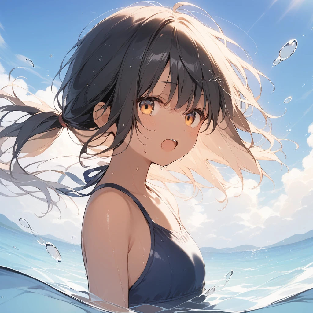 score_9, score_8_up, score_7_up, source_anime, best quality, masterpiece, official art, absurdres, highres, ultra-detailed,waifu2x,Collection: Slice of Life,break,1girl, tomboy, dark-skinned female, short hair, low ponytail, flat chest, beautiful detailed eyes, swimsuit, wet, open mouth, (yawn:0.3), sleepily, water, outdoors, wind,break,(clear line illustration:1.2), super detailed skin,very high resolution, very aesthetic, Best sexual lighting powered by famous artist, 8k,cute picture,beauty illustration,photoshop_(medium),,(Detailed Lighting),best anime 8k konachan wallpaper, pixiv contest winner,