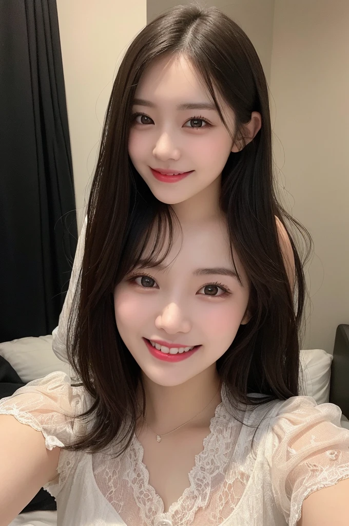 Selfie、Upper Body、Black clothes、Light clothing、Laughing、bed、Lying down、semi-long、Highest quality, figure, Super detailed, In detail, High resolution, 8k wallpaper, Perfect dynamic composition, Beautiful attention to detail, dress,Medium Hair, Small breasts、Natural color lip, Random sexy poses,smile,24-years-old