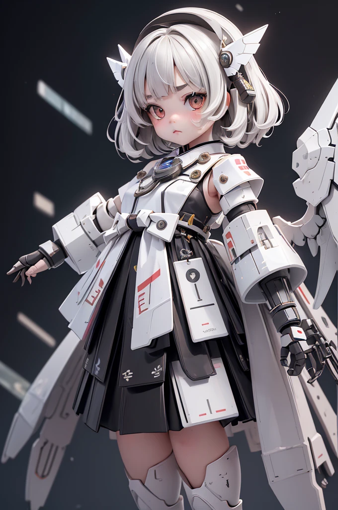 {(Japanese young girl)}, (She is fused with a Gundam mecha from the future.:1.1), White Theme, With headgear, With V-fin , ((Unarmored rift)), ((Unarmored stomach)), ((Unarmored upper arms)), ((Unarmored Face)), (Unarmored Hands), (Non-armored waist), ((Unarmoured thighs)), (Unarmoured ankles), Japanese girl in white micro bikini, Get on all fours:1.2,  whole body:1.5, ,Destroyed city background, Multi-layer texture perfect ratio, Octane Rendering, Duotone Lighting, Low ISO, wide aperture, White balance, Three-part method, Ultra HD 16k, High resolution (High Dynamic Range), Ray Tracing, NVIDIA, Super Resolution, Scattered beneath the surface, PBR Texturing, Post-processing, Anisotropic Filtering, Depth of written boundary, Maximum clarity and sharpness, Highly efficient subpixels, Subpixel Convolution, Particles of light, Scattered Light, Tyndall effect, whole body:1.5, dorsal position, cute, (cute:1.2), (Bobcut:1.3),Braid, Black Hair, Thick eyebrows, Light-colored irises, Big, bright black eyes, Long eyelashes, Small, light-colored, natural lips, (The average face of the Japan idol), (日本人特有のBaby Face:1.3), (Baby Face), Wide forehead:1.2, Plump Cheeks, Small jaw, Side  are visible, (Mechanical Wings), Have a weapon,巨大なHave a weapon, Has a very large shield, , Asymmetric body,View Viewer,Focus on the eyes,Sleek and intimidating design, (Four perfect fingers, One thumb),