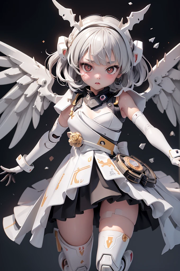 {(japanese young girl)}, (She is fused with futuristic Gundam mecha:1.1), white theme, with headgear, with v-fin , ((unarmored cleavage)), ((unarmored stomach)), ((unarmored upper arms)), ((unarmored face)), (unarmored hands), (unarmored waist), ((unarmored thighs)), (unarmored ankles), japanese girl wear white micro bikini, crawl on all fours:1.2, full body:1.5, ,destroyed city background, multilayer textureperfect proportions, octane rendering, duotone lighting, Low ISO, wide aperture, White balance, Rule of thirds, ultra HD16k, HDR (High Dynamic Range), Ray Tracing, NVIDIA RTX, Super Resolution, Subsurface Scattering, PBR Texturing, Post Processing, Anisotropic Filtering, Depth of Field, Maximum Clarity and Clarity, High efficiency subpixel, subpixel convolution, particles of light, light scattered, Tyndall effect, full body:1.5, doggy style, cute, (cute:1.2), (bob cut:1.3),三つ編み, 黒髪, 太い眉毛, 薄い色の虹彩, 大きくて輝いている黒い瞳, 長いまつげ, 小さく薄い色の自然な唇, (Average face of Japanese idols), (日本人特有の童顔:1.3), (baby face), 広いおでこ:1.2, ふっくらした頬, 小さな顎, visible side boob, (mechanical wings), holding weapon,holding huge weapon, holding Very large shield, , asymmetric body,looking at viewer,Focus on the eyes,with sleek and menacing design, (完璧な4本の指, 親指1本),
