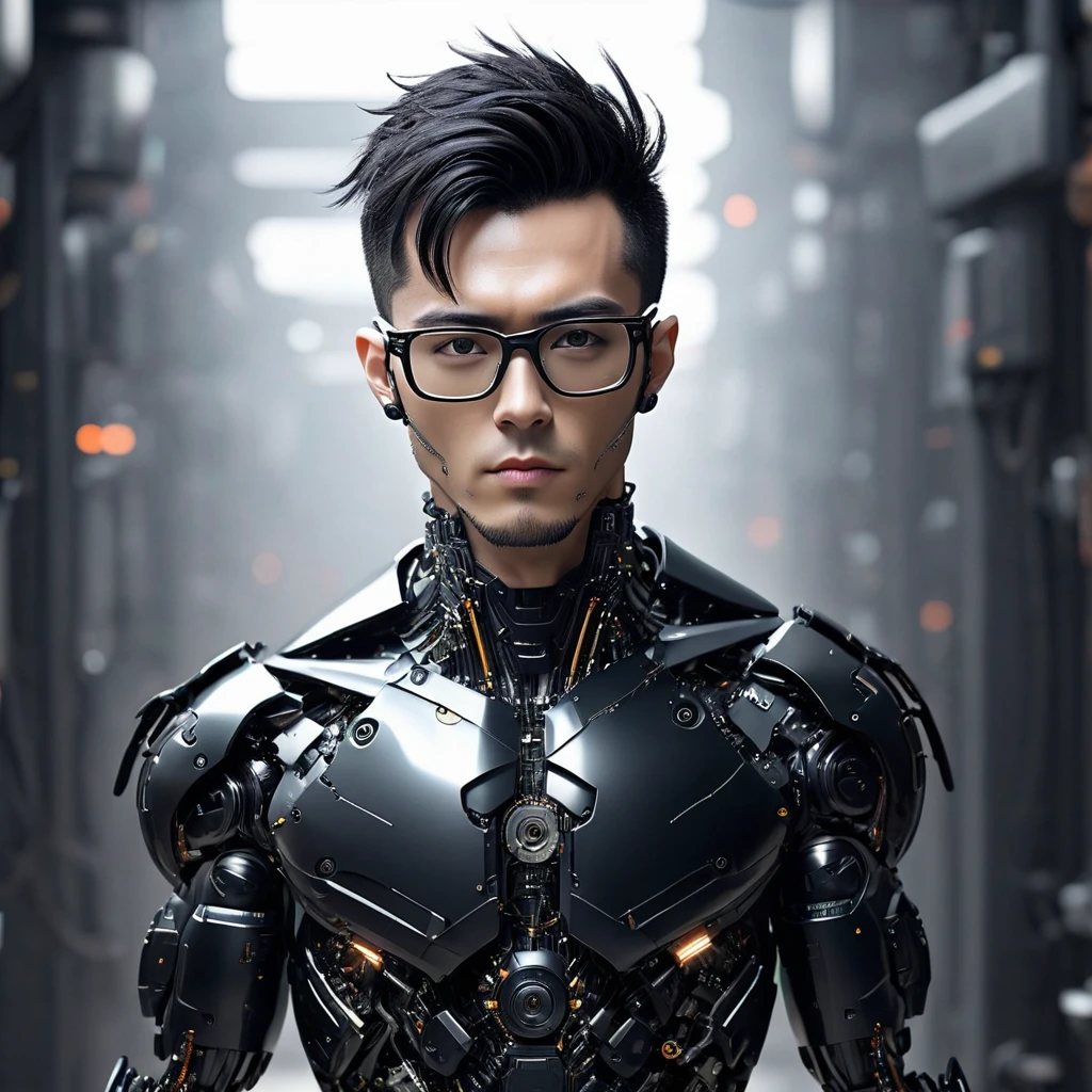 Male robot body hair with black-rimmed glasses with undercut hair, Look to the camera ::futuristic cyberpunk style ,realistic styling ::n_digital painting style, robotic parts, face perfect::seed 1、Black Edged Hair、large nose、Black-based clothing, photo by full body, White background