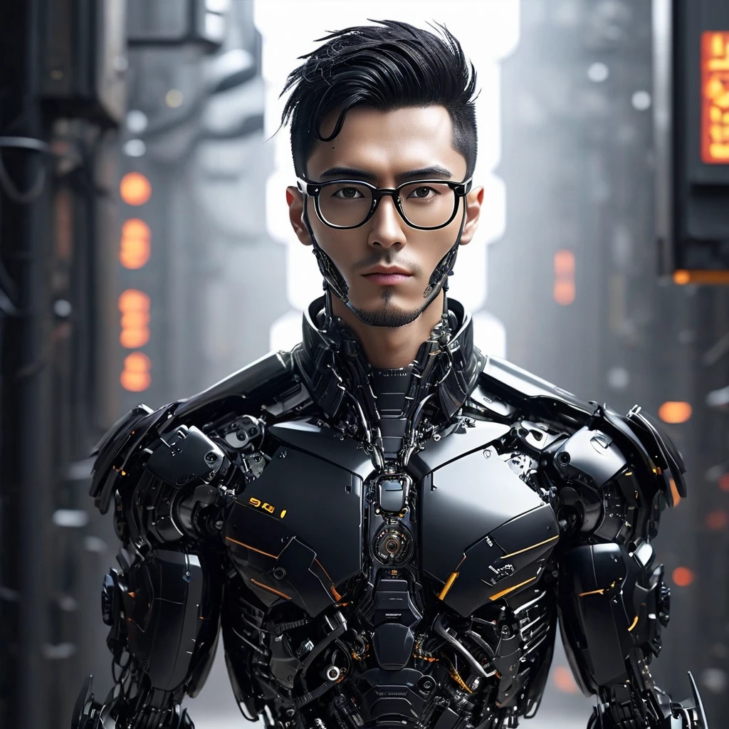 Male robot body hair with black-rimmed glasses with undercut hair, Look to the camera ::futuristic cyberpunk style ,realistic styling ::n_digital painting style, robotic parts, face perfect::seed 1、Black Edged Hair、large nose、Black-based clothing, photo by full body, White background