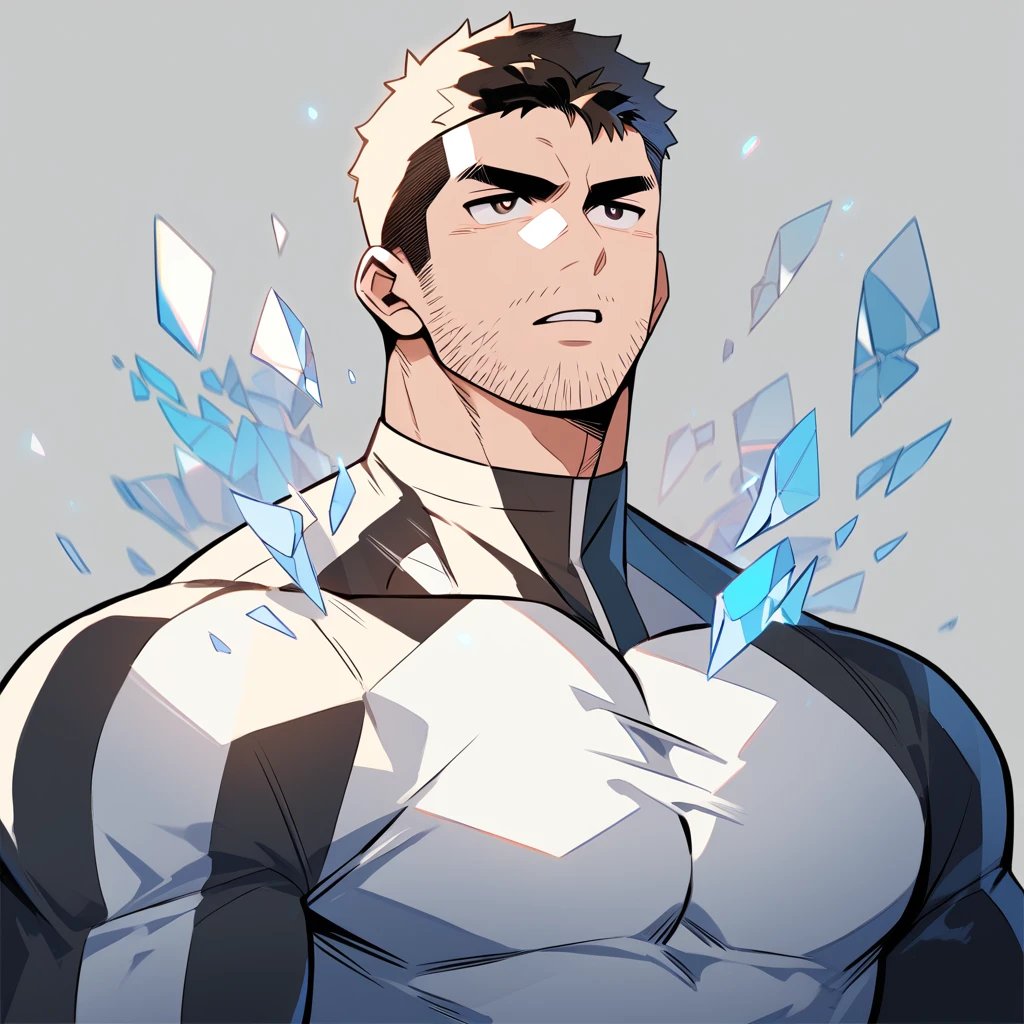 anime characters：Chris Redfield, Muscle Sports Student, Buzz Cut, Manliness, male focus, Dark black high collar long sleeve tight T-shirt, Slightly transparent material, Very tight, Round, full and perky chest muscles, muscular male, muscular, only, Upper body, alone, Black short hair, Thick eyebrows, stubble, Brown-red pupils, Grey background, simple background, amazing quality, best aesthetics, Ridiculous, crew cut, parted lips, v-shaped eyebrows, jitome, best quality