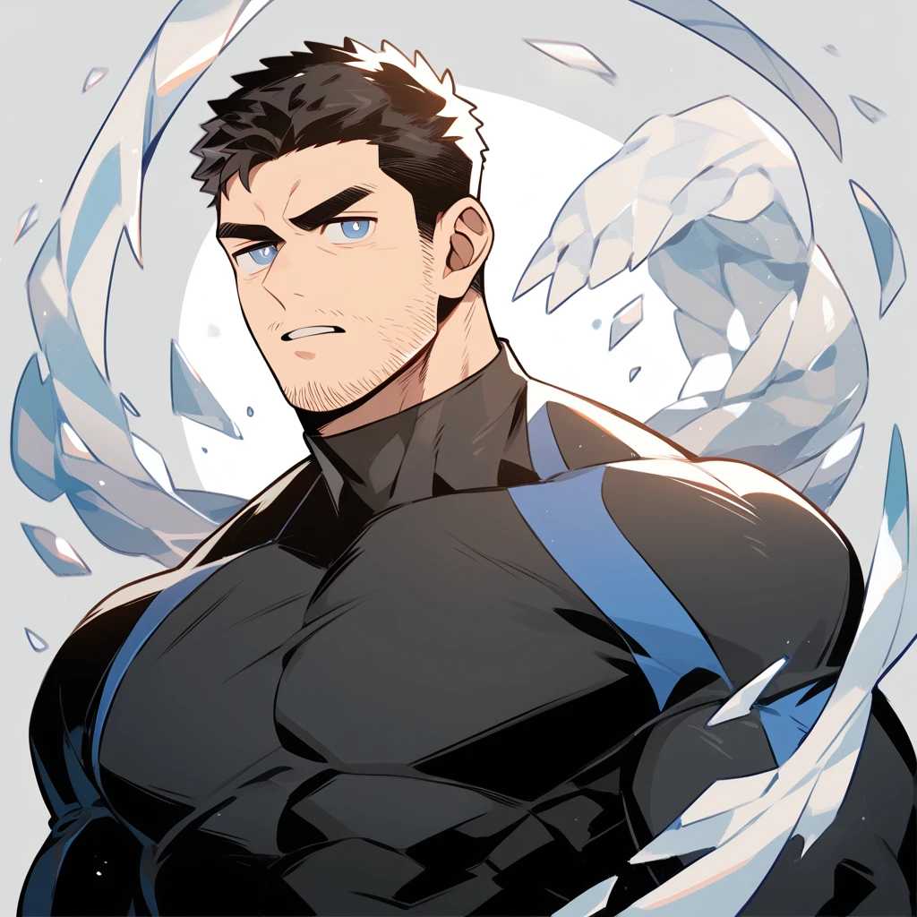 anime characters:Chris Redfield, Muscle Sports Student, Buzz Cut, Manliness, male focus, Dark black high collar long sleeve tight T-shirt, Slightly transparent material, Very tight, Round, full and perky chest muscles, muscular male, muscular, only, Upper body, alone, Black short hair, Thick eyebrows, stubble, Brown-red pupils, Grey background, simple background, amazing quality, best aesthetics, Ridiculous, crew cut, parted lips, v-shaped eyebrows, jitome, best quality