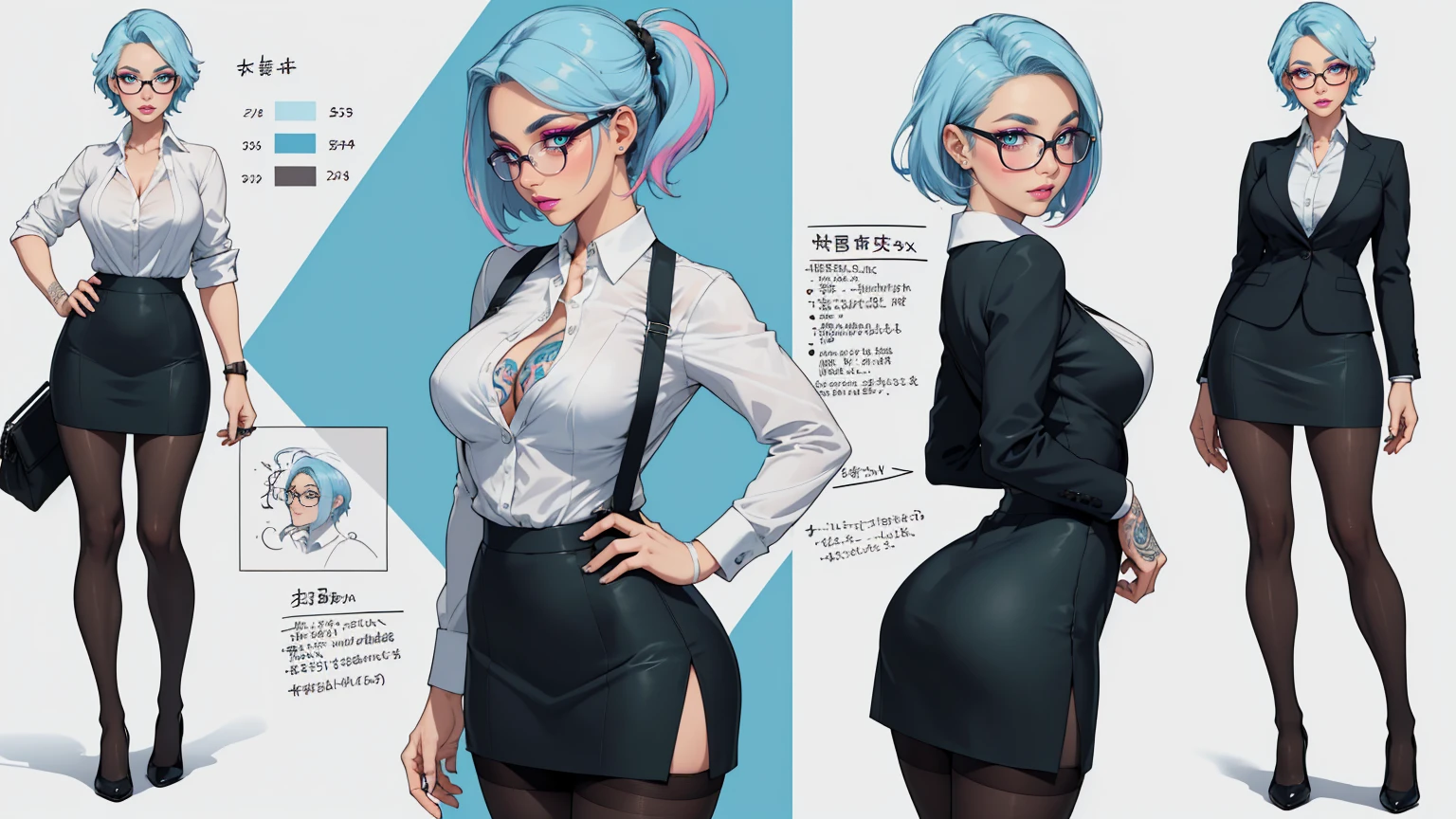 The concept character sheet of a strong, attractive, and hot office lady wearing a business suit. Her face is oval, forehead is smooth and visibly rounded at the temples. jawline is softly defined, giving her a gentle and feminine appearance, ((NSFW, shirt soaked, nipples)), ((Masterpiece, Highest quality)), 8k, Detailed face (short hair faded, undercut hairstyle) (multicoloured hair) (green eyes), light blue hair, Multiple sexy poses. tattoos, glasses, short black skirt, white shirt, pantyhose, stocking, Infographic drawing. Multiple sexy poses. tattoos, glasses, short black skirt, white shirt, pantyhose, stocking