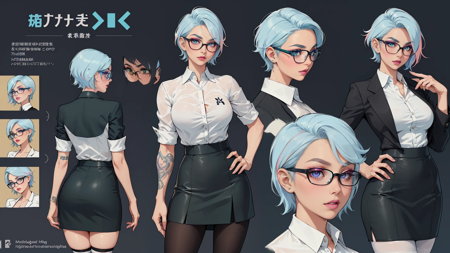 The concept character sheet of a strong, attractive, and hot office lady wearing a business suit. Her face is oval, forehead is smooth and visibly rounded at the temples. jawline is softly defined, giving her a gentle and feminine appearance, ((Masterpiece, Highest quality)), 8k, Detailed face (short hair faded, undercut hairstyle) (multicoloured hair) (green eyes), light blue hair, Multiple sexy poses. tattoos, glasses, short black skirt, white shirt, pantyhose, stocking, Infographic drawing. Multiple sexy poses. tattoos, glasses, short black skirt, white shirt, pantyhose, stocking