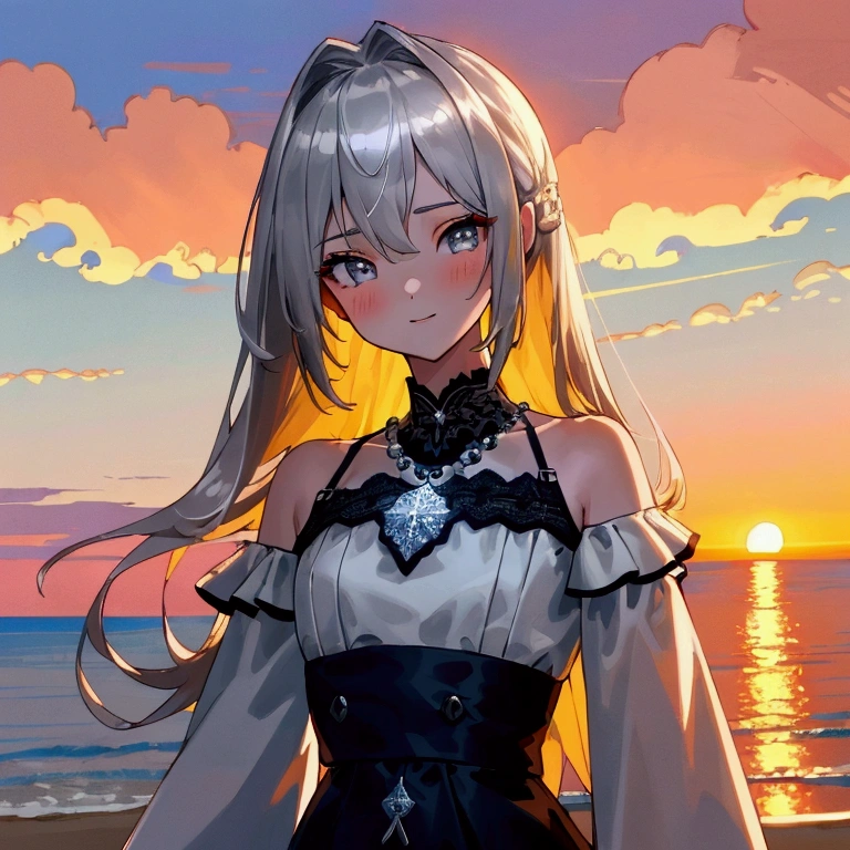 ((masterpiece, extremely high quality)),((4k, detailed beautiful cute eyes)),((cinematic view, high detailed sunset, high detailed colors, high detailed clouds, depth of view)),1girl standing at a beach side, looking at viewer, white skin, slightly parted gentle smile, silver long-hair, grey-bluish eyes, slender physique with naturally proportioned upper body, small-diamond snowflake necklace, white off-shoulder straps ruffled blouse, greyish high-waisted a-line mini skirt with lace trim.
