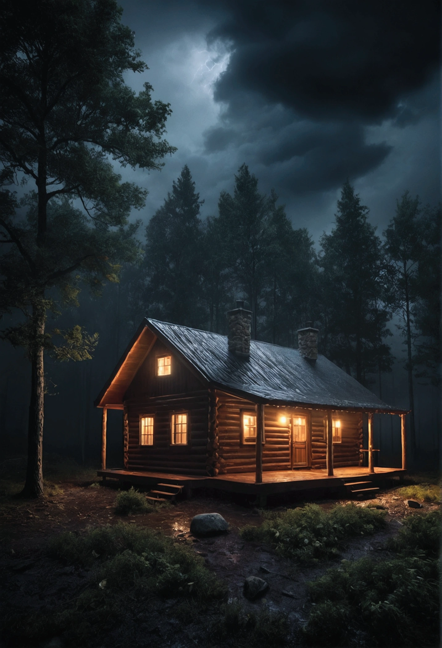 Create a photo of a realistic cabin in an open forest at night with the lights on, showing a cloudy sky surrounded by dark storm clouds, 4K Photography, dark landscape with a lot of fog, wet floor