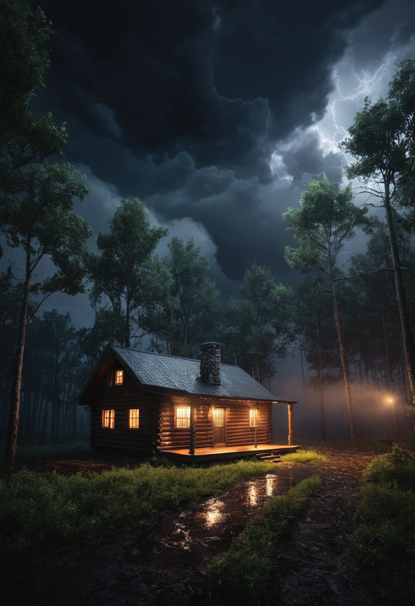 Create a photo of a realistic cabin in an open forest at night with the lights on, showing a cloudy sky surrounded by dark storm clouds, 4K Photography, dark landscape with a lot of fog, wet floor