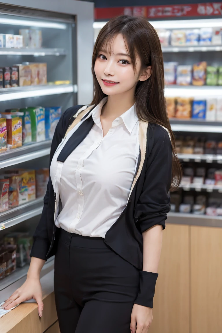 Convenience store clerk cashier , Highest quality, shape, Very detailed, In detail, High resolution, 8k wallpaper, Perfect dynamic composition, Beautiful details, Natural Lip, Sexy uniform panty shot , Big Breasts, Lawson's uniform is open,Cleavage, She is smiling happily while looking back in an erotic pose. ..., A masterpiece of the whole body, Whole shot