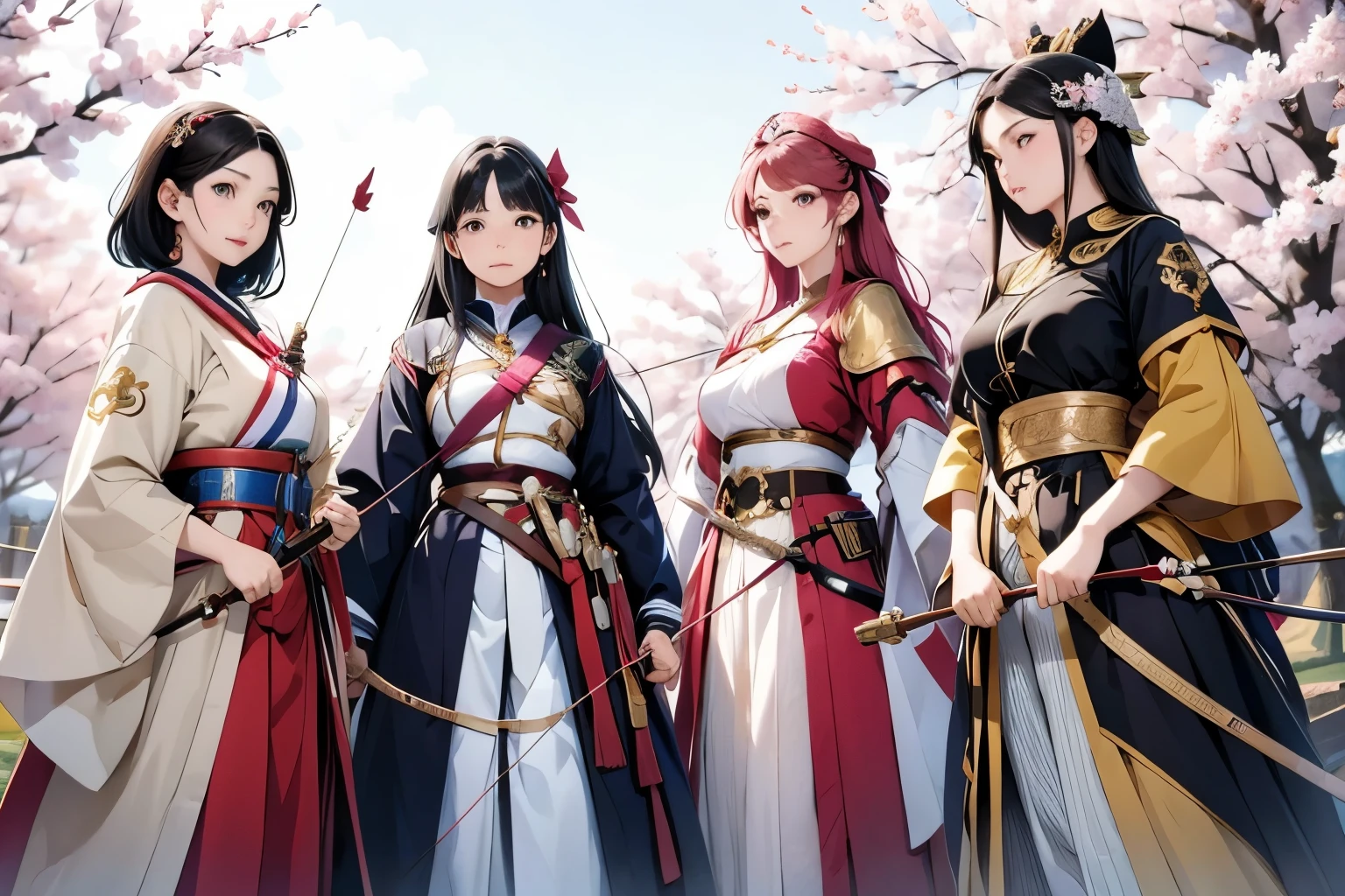 (Perfect Face,Arafe illustration of three women in different clothes)、(Girls standing in line)、beautiful girl,   (Holding a bow in his left hand:1.2), longbow, (Holding an arrow:1.2), (kaburaya:1.2), kyudou-hikiwake, Outstretched arms, Black Igote, Deerskin peeling, Red Mussel, Bust Up Illustration、White Background、(Front view:1.4)、(masterpiece, Highest quality:1.2), 