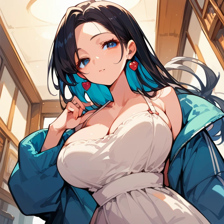 Masterpiece, highres, 1girl, housewife, busty, seductive pose, big breast, from below, yusuke murata art style