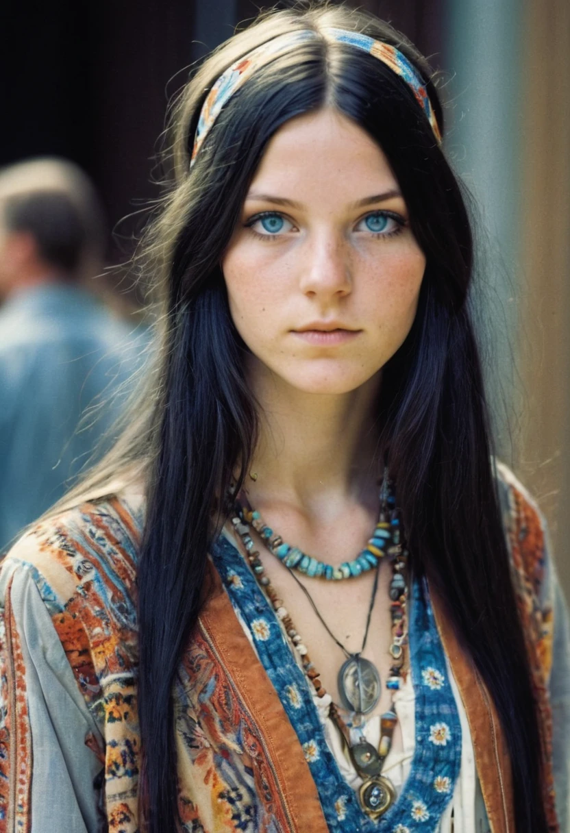 Imagine a beautiful 18 years old american hippie girl in 1969, inisde a concert hall indoor, long and sleek straight black hair, blue-grey eyes, ultra realistic eyes, white skin, natural makeup, wearing hippie clothes, a summer dress, a worn jeans hippie jacket, pyschedelic jewelry, hippie earings, hippe necklace, ultra detailed face, ultra realistic skin, runner's body, small perky breasts, 8K, ultra high res.photorealistic, UHD close-up shot, lookingt at viewer, hovering gaze, stoned face, relaxed,, RAW photo, sharp