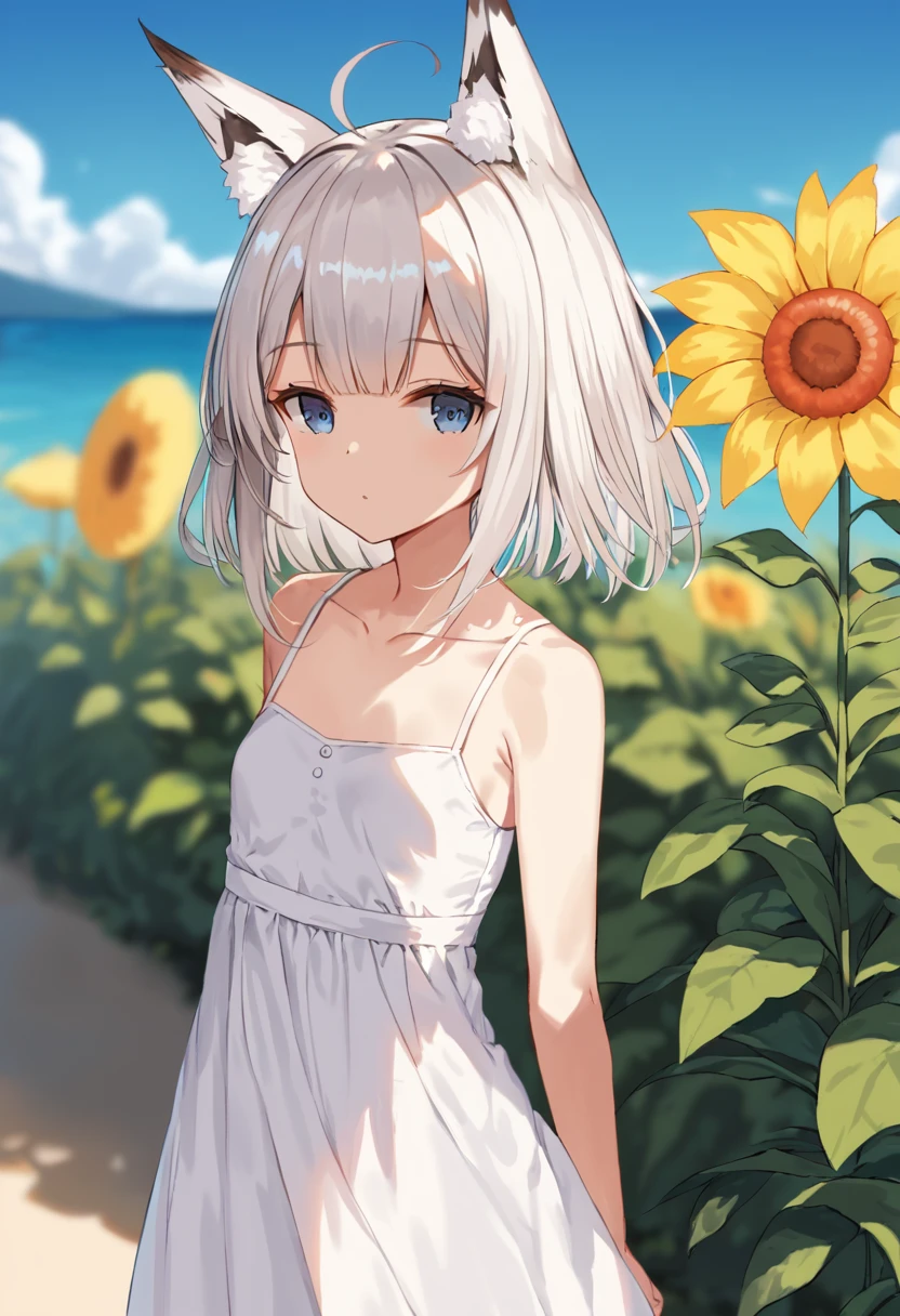 score_9,score_8_up,score_7_up,source_anime,cowboy shot,Idealized Forms,Natural Light,details background,blurry background,extremely detailed,kawakaze(azurlane),fox_girl,animal_ears,fox_ears,long_hair,bangs,blue_eyes,grey_hair,white_hair,ahoge,hair_between_eyes,Sharp Eyes,small brests,sidelocks,small breasts, flat chest,collarbone,summer dress,blue sky,shining,sun floer,