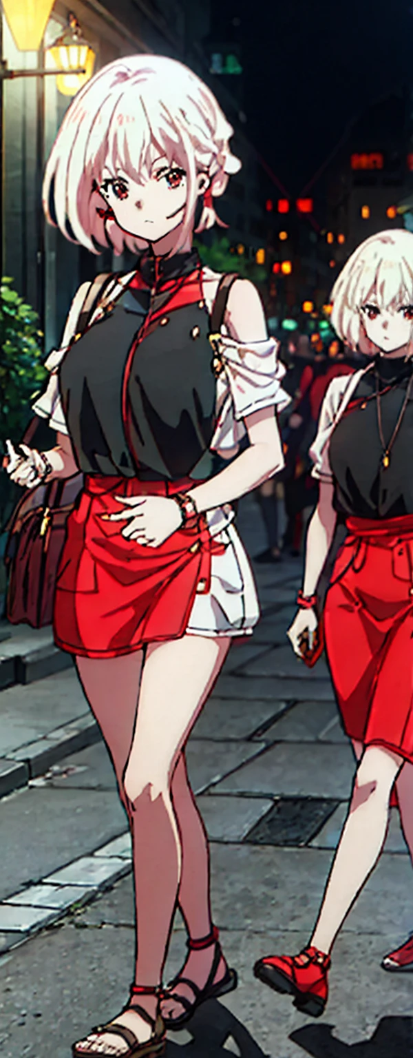 High resolution, High resolution,2D Anime Style,,Cool woman,Mature,,20th generation,short hair,Blonde,Red eyes,Beautiful Watches,Beautiful earrings,Street fashion,Walking,night,