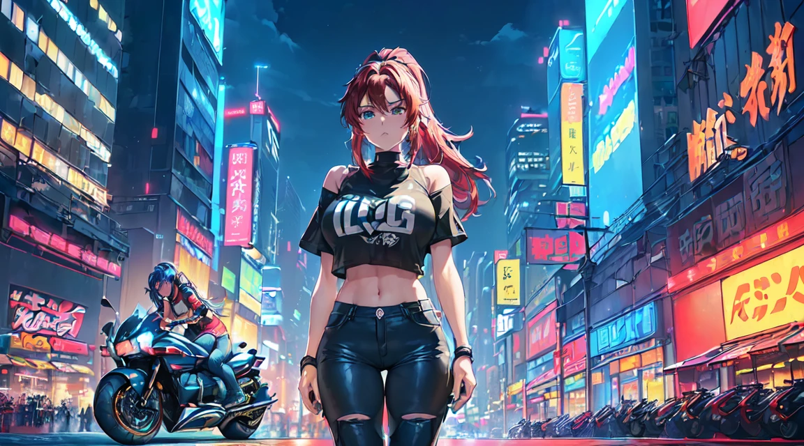 Best quality, (masterpiece:1.2), 1girl, night city wear, massive breast, perfect body, standing, smile, grinning expression, landscape is cyber punk city , at night , acid house music, in a back alley, Slut not wearing clothes