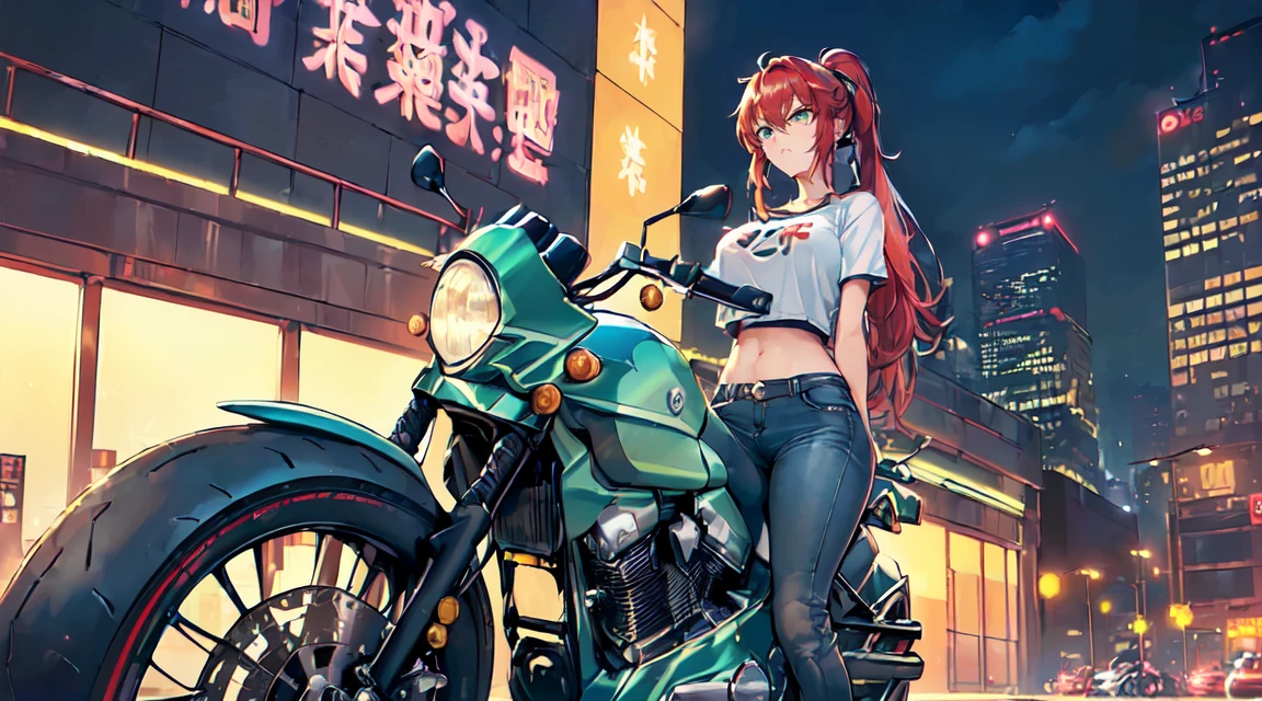 masterpiece, One girl ((20-year-old, Crop top T-shirt exposes navel, Tight blue jeans, boots, Medium chest, Multicolored red hair, ponytail, Green Eyes, cool, coolな笑顔, To the camera, ((近代的な都会の真ん中でLarge Motorcycleに乗る)), (((Large Motorcycle)))Towering skyscrapers with neon lights, Modern and energetic atmosphere), ((at night))