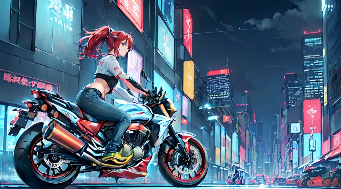 masterpiece, One girl ((20-year-old, Crop top T-shirt exposes navel, Tight blue jeans, boots, Medium chest, Multicolored red hair, ponytail, Green Eyes, cool, coolな笑顔, To the camera, ((近代的な都会の真ん中でLarge Motorcycleに乗る)), (((Large Motorcycle)))Towering skyscrapers with neon lights, Modern and energetic atmosphere), ((at night))
