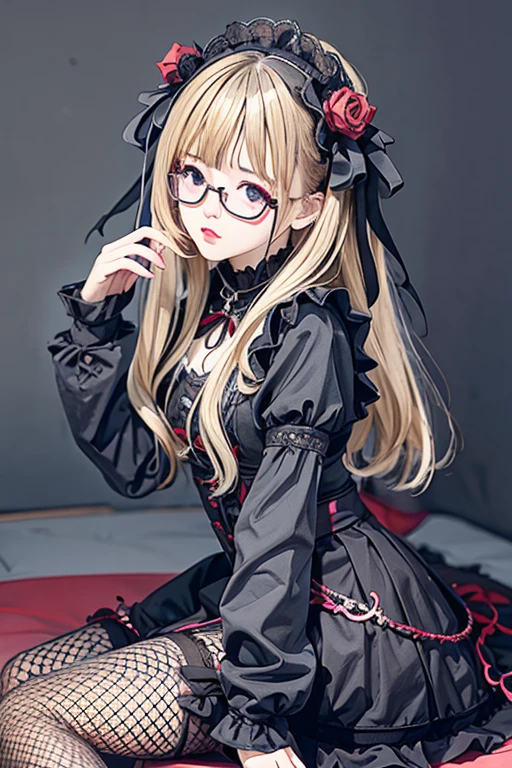 Highest quality、masterpiece、High sensitivity、High resolution、Detailed Description、Slender women、Glasses、Fishnet tights、Gothic ****ta、