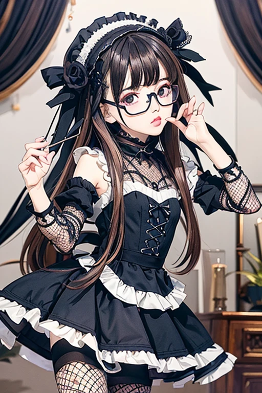 Highest quality、masterpiece、High sensitivity、High resolution、Detailed Description、Slender women、Glasses、Fishnet tights、Gothic ****ta、