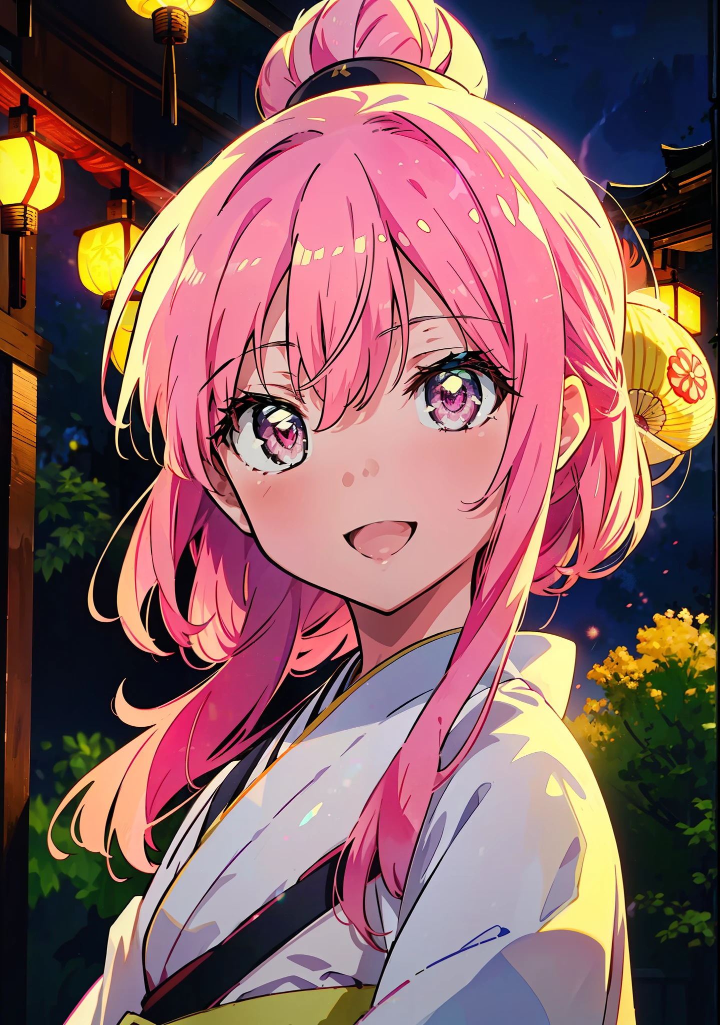 Louise Françoise Le Brun from La V全てiere,Pink Hair,Pink Eyes,Long Hair,ponytail,hair ornaments,happy smile, smile, Open your mouth,White Kimono,Thick sleeves,日本のfestival,夏festivalの屋台,Red Lantern,night,night空のfirework,firework,場所はfirework大会,時間はnightです,sunny day,turn around,まるでwhole bodyがイラストの中にいるかのように,walking,　　　　　　　　　　　　　　　  　　　　　break looking at viewer, whole body, (Cowboy Shot:1. 5),  　　　　　
break outdoors, festival,shrine,
break (masterpiece:1.2), Highest quality, High resolution, unity 8k wallpaper, (shape:0.8), (Beautiful attention to detail:1.6), Highly detailed face, Perfect lighting, Extremely detailed CG, (Perfect hands, Perfect Anatomy),