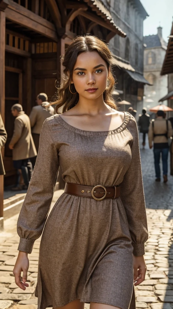 1girl, solo, Rustic homespun dress in earthy brown, made from coarse wool, with a loose smock-like fit, high waistline, and three-quarter length sleeves, Madame, Average Height, Lean, Triangular Face, Tan Skin, Honey Blonde Hair, ice blue Eyes, [[Curved Nose]], Full Lips, Round Chin, Long Hair, Thick Hair, Tapered Afro, natural , , black sheer lipstick, Bending sideways with one arm reaching overhead, Enchanting medieval marketplace bustling with merchants and lively townsfolk, angry, proud, :] , breathtaking, intricate details, absurdres, highres, ultra detailed, highest quality, amazing details. [The character (complete) is surrounded by mist, evoking a mysterious and eerie atmosphere. The lighting is dark and atmospheric, with a red smoke adding a touch of sinister ambiance. Best quality image, with a resolution of 4k and HDR enhancement, showcasing the utmost level of detail and realism, full body shot:1.5]. [8K, Best Quality, Ultra High Resolution, (highly detailed CG unity 8k wallpaper), (best photo), (best shadows), isometric 3D, octane rendering, ray tracing, highly detailed, (Best quality, 4K, 8k:1.2), absurdity, ultra detailed, (realistic, photorealistic, photorealistic:1.37), complex parts, HDR, (complex parts:1.12), (hyper detailed, hyper realistic, Soft lighting, spicy:1 (complex parts, Hyper detailed:1.15). Blurred foreground. (backlit), masterpiece, high quality, brightness, chromatic aberration, 8k uhd, foggy smoke, shadows, contrast, clear sky, (warm hue, warm tone), high details, natural reflections].