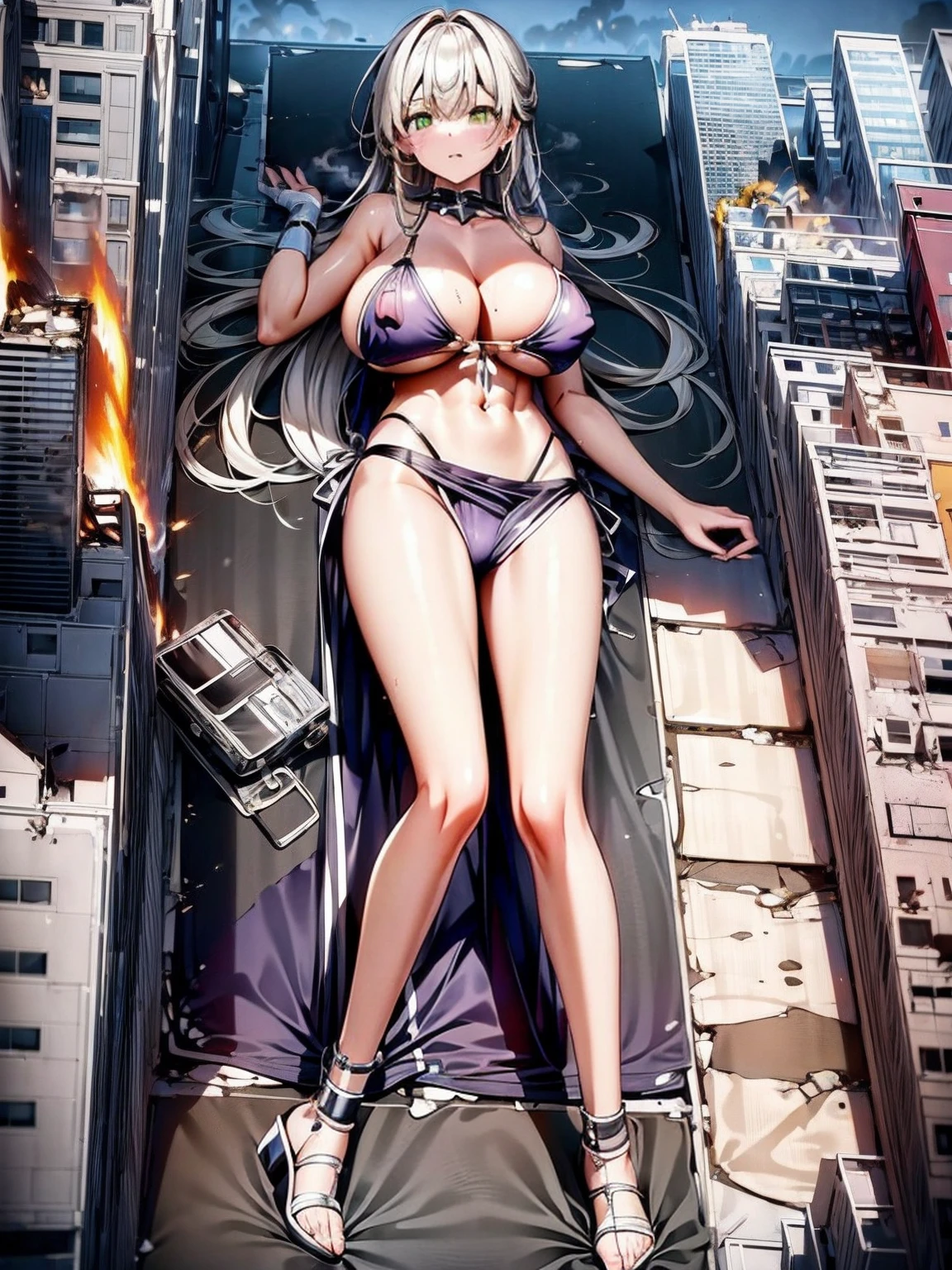 Giantess, long sexy legs, yellow hair, bikini, lying on the ground, city at her feet burns in flames for the destruction she has caused, tiny people climb on her body to try to defeat her uselessly. Giantess, goddess, macrophilia, curvaceous body, hentai, fetish, sexy legs, bikini, high heels, high quality, tiny people, people climbing body, giantess body, small people
