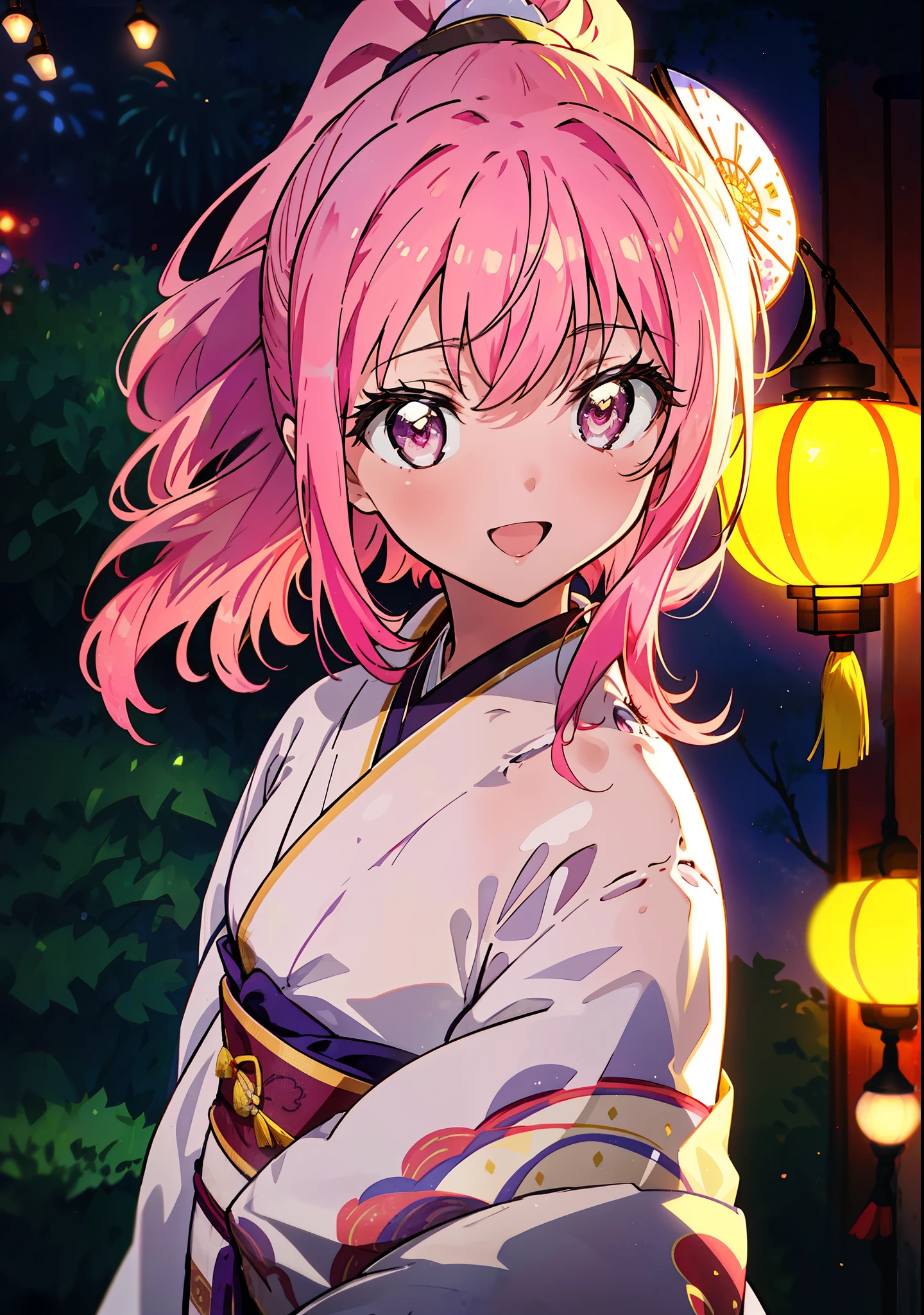 Louise Françoise Le Brun from La V全てiere,Pink Hair,Pink Eyes,Long Hair,ponytail,hair ornaments,happy smile, smile, Open your mouth,White Kimono,Thick sleeves,日本のfestival,夏festivalの屋台,Red Lantern,night,night空のfirework,firework,場所はfirework大会,時間はnightです,sunny day,turn around,まるでwhole bodyがイラストの中にいるかのように,walking,　　　　　　　　　　　　　　　  　　　　　break looking at viewer, whole body, (Cowboy Shot:1. 5),  　　　　　
break outdoors, festival,shrine,
break (masterpiece:1.2), Highest quality, High resolution, unity 8k wallpaper, (shape:0.8), (Beautiful attention to detail:1.6), Highly detailed face, Perfect lighting, Extremely detailed CG, (Perfect hands, Perfect Anatomy),