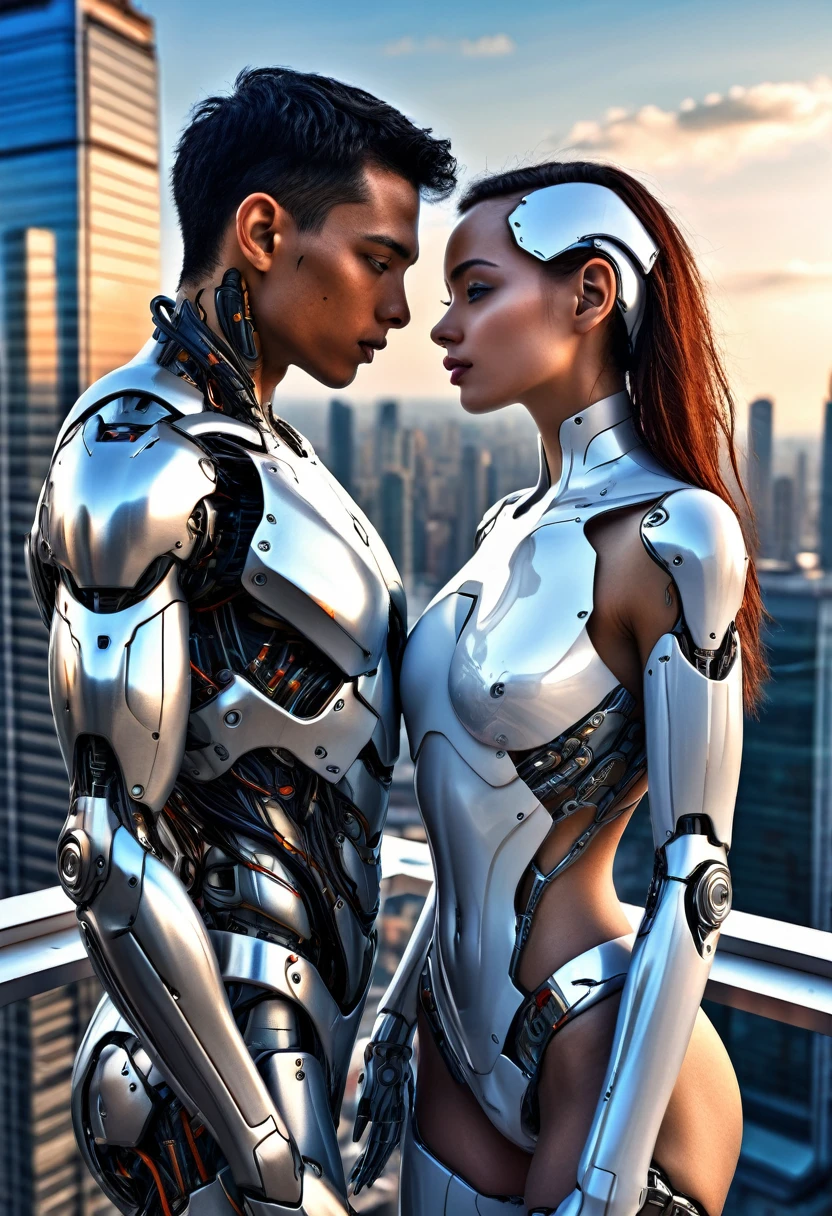 Sexual relationship between a male cyborg and a female cyborg on the roof of a skyscraper, high quality, Best quality, absurdity, masterpiece, Beautiful, complex parts, 1/2 body crops, slender body, Beautiful figure, Magnificent Anatomy, (complex parts:1.12), HDR, (complex parts, hyperdetailing:1.15), (natural skin textures, hyperrealistic, soft light, spicy:1.2)