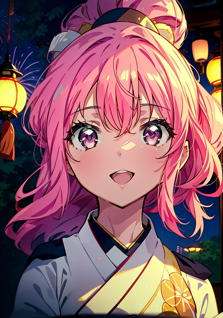 Louise Françoise Le Brun from La V全てiere,Pink Hair,Pink Eyes,Long Hair,ponytail,hair ornaments,happy smile, smile, Open your mouth,White Kimono,Thick sleeves,日本のfestival,夏festivalの屋台,Red Lantern,night,night空のfirework,firework,場所はfirework大会,時間はnightです,sunny day,turn around,まるでwhole bodyがイラストの中にいるかのように,walking,　　　　　　　　　　　　　　　  　　　　　break looking at viewer, whole body, (Cowboy Shot:1. 5),  　　　　　
break outdoors, festival,shrine,
break (masterpiece:1.2), Highest quality, High resolution, unity 8k wallpaper, (shape:0.8), (Beautiful attention to detail:1.6), Highly detailed face, Perfect lighting, Extremely detailed CG, (Perfect hands, Perfect Anatomy),