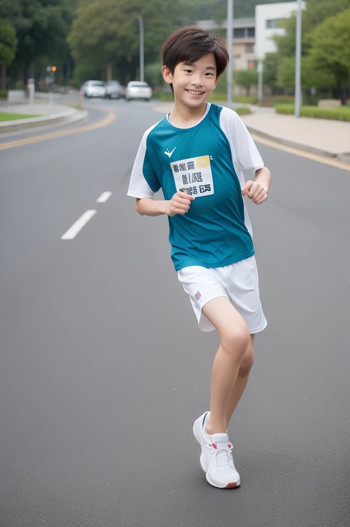 12-year-old boy,Smile,Spread your white and slender legs,jogging,full body,8K五官精致,Handsome boyish feeling,8K,masterpiece,((best quality)),photography,
