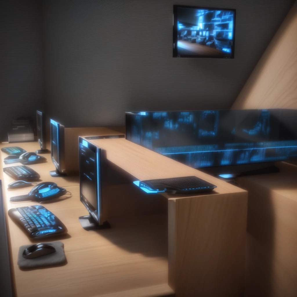 このofficeの机の上にはたくさんのコンピューターがある, モダンなoffice, In an open workspace, officeインテリア, Consoles and Computers, 3D Renderingスタイル, office, Professional Rendering, 3D Rendering, officeルームのインテリア, Semi-realistic rendering, Clean digital rendering, Denoised photorealistic rendering, v-rayでレンダリング