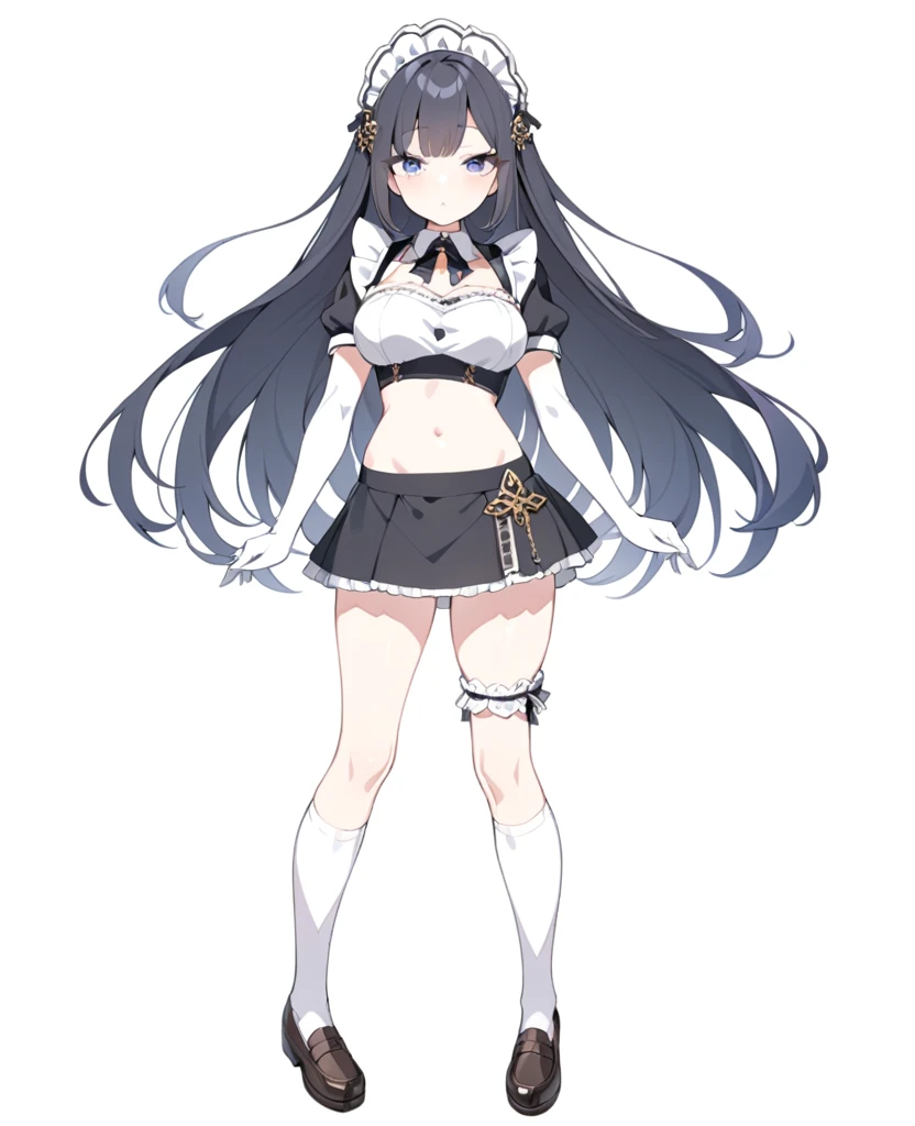 (1girl), (full body:1.2), (white background:1.15), ((standing)), solo, looking at viewer, tachi-e, (maid), cropped top, (own hands clasped), navel, midriff, headdress, white apron, white frill, white gloves, (elbow gloves), opera gloves, white knee socks, white stocking, thigh high socks, boutie, loafer, lace trim, lace, (miniskirt:1.15), (black skirt), black puffy short sleeve, slim waist, (large breasts), 18 years old, teenager, (long hair), black hair, straight hair, (thin thigh), skinny, detailed eyes, sharp face, attractive, kindness, ornate, gorgeous, luxurious