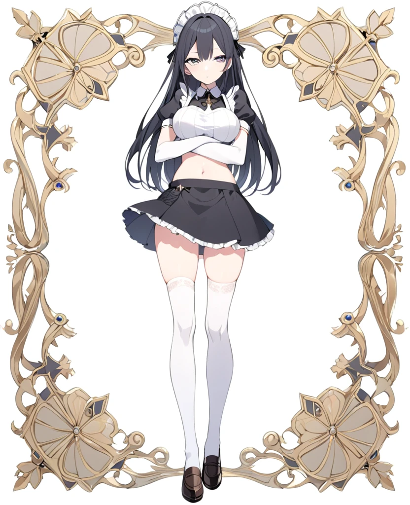 (1girl), (full body:1.2), (white background:1.15), ((standing)), solo, looking at viewer, tachi-e, (maid), cropped top, (own hands clasped), navel, midriff, headdress, white apron, white frill, white gloves, (elbow gloves), opera gloves, white knee socks, white stocking, thigh high socks, boutie, loafer, lace trim, lace, (miniskirt:1.15), (black skirt), black puffy short sleeve, slim waist, (large breasts), 18 years old, teenager, (long hair), black hair, straight hair, (thin thigh), skinny, detailed eyes, sharp face, attractive, kindness, ornate, gorgeous, luxurious