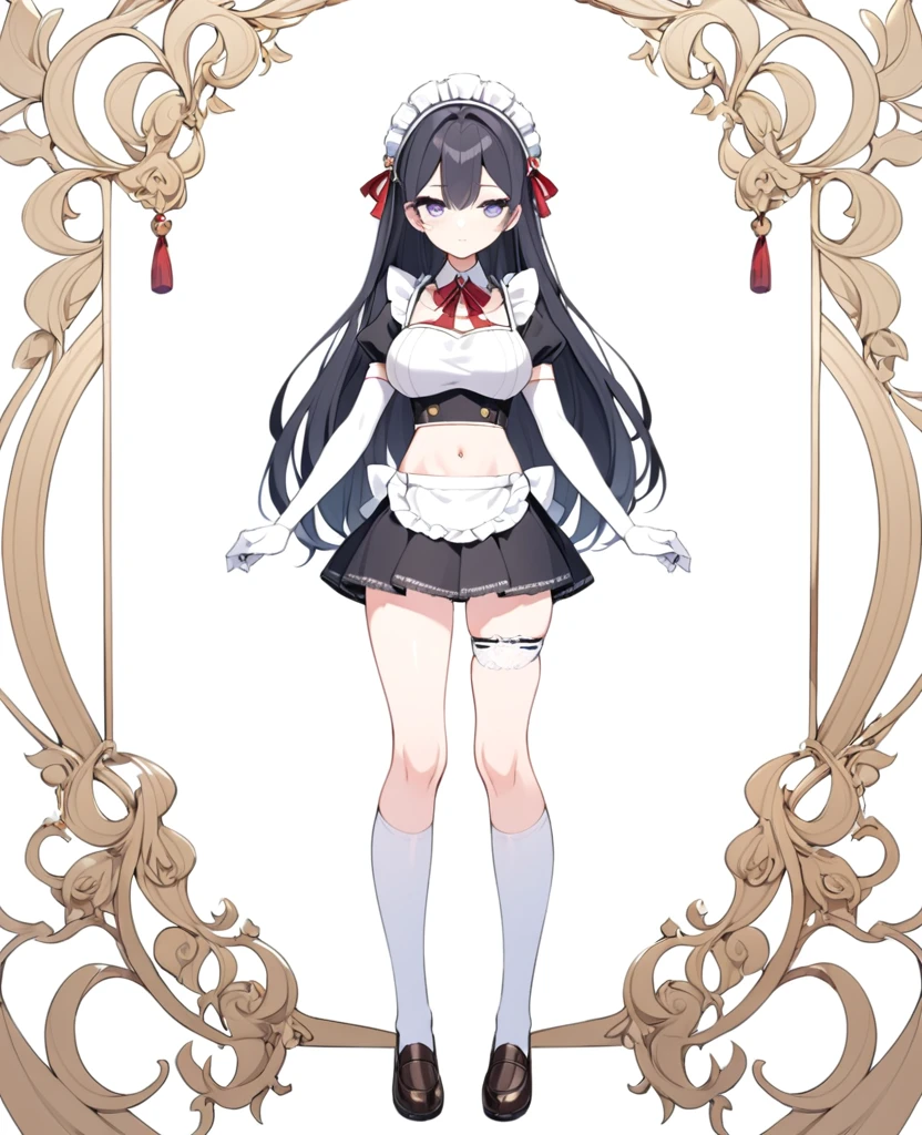 (1girl), (full body:1.2), (white background:1.15), ((standing)), solo, looking at viewer, tachi-e, (maid), cropped top, (own hands clasped), navel, midriff, headdress, white apron, white frill, white gloves, (elbow gloves), opera gloves, white knee socks, white stocking, thigh high socks, boutie, loafer, lace trim, lace, (miniskirt:1.15), (black skirt), black puffy short sleeve, slim waist, (large breasts), 18 years old, teenager, (long hair), black hair, straight hair, (thin thigh), skinny, detailed eyes, sharp face, attractive, kindness, ornate, gorgeous, luxurious