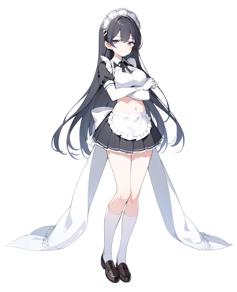 (1girl), (full body:1.2), (white background:1.15), ((standing)), solo, looking at viewer, tachi-e, (maid), cropped top, (own hands clasped), navel, midriff, headdress, white apron, white frill, white gloves, (elbow gloves), opera gloves, white knee socks, white stocking, thigh high socks, boutie, loafer, lace trim, lace, (miniskirt:1.15), (black skirt), black puffy short sleeve, slim waist, (large breasts), 18 years old, teenager, (long hair), black hair, straight hair, (thin thigh), skinny, detailed eyes, sharp face, attractive, kindness, ornate, gorgeous, luxurious
