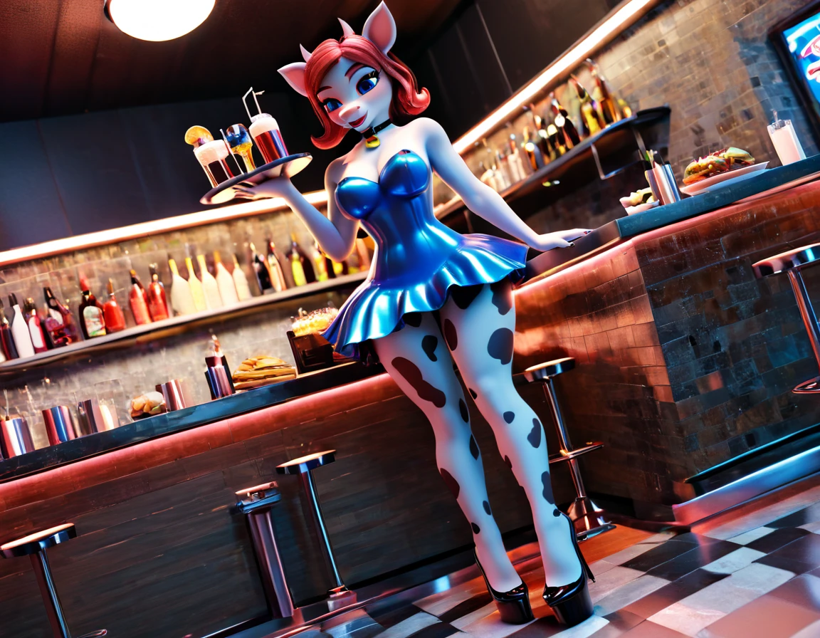 a 3D digital painting picture of extremely beautiful  (anthropomorphic cow:1.3) serving a big juicy steak on a tray in American diner, an exquisite beautiful female (cow anthropomorphic:1.3), full body, ultra feminine ultra detailed face, red hair, short hair, little fury, red lips, blue eyes, wearing sexy white seductive latex dress, looking at a American  kitchen background,  dynamic angle, , award winning, best quality, high quality, high details, highres, vibrant, Ultra-high resolution, High Contrast, (masterpiece:1.5), highest quality, Best aesthetics, best details, best quality, highres, ultra wide angle, 16k, [ultra detailed], masterpiece, best quality,  photorealistic, 3D rendering, furry