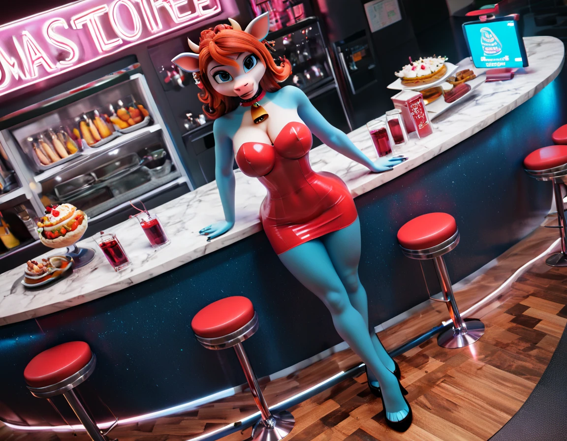 a 3D digital painting picture of extremely beautiful  (anthropomorphic cow:1.3) serving a big juicy steak on a tray in American diner, an exquisite beautiful female (cow anthropomorphic:1.3), full body, ultra feminine ultra detailed face, red hair, short hair, little fury, red lips, blue eyes, wearing sexy white seductive latex dress, looking at a American  kitchen background,  dynamic angle, , award winning, best quality, high quality, high details, highres, vibrant, Ultra-high resolution, High Contrast, (masterpiece:1.5), highest quality, Best aesthetics, best details, best quality, highres, ultra wide angle, 16k, [ultra detailed], masterpiece, best quality,  photorealistic, 3D rendering, furry