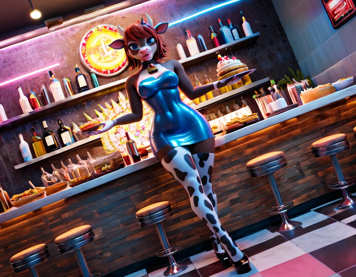 a 3D digital painting picture of extremely beautiful  (anthropomorphic cow:1.3) serving a big juicy steak on a tray in American diner, an exquisite beautiful female (cow anthropomorphic:1.3), full body, ultra feminine ultra detailed face, red hair, short hair, little fury, red lips, blue eyes, wearing sexy white seductive latex dress, looking at a American  kitchen background,  dynamic angle, , award winning, best quality, high quality, high details, highres, vibrant, Ultra-high resolution, High Contrast, (masterpiece:1.5), highest quality, Best aesthetics, best details, best quality, highres, ultra wide angle, 16k, [ultra detailed], masterpiece, best quality,  photorealistic, 3D rendering, furry