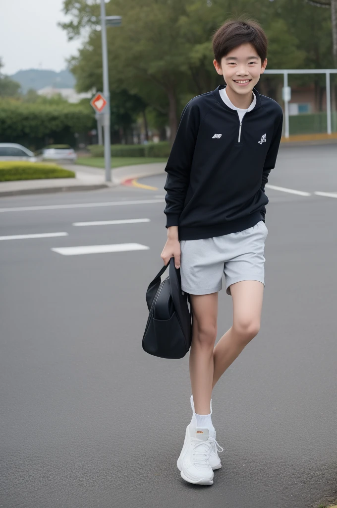 12-year-old boy,Smile，Spread your white and slender legs，jogging，full body，8K五官精致，Handsome boyish feeling，8K，masterpiece,((best quality)),photography,