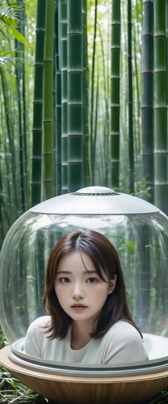 ((An escape capsule from a spaceship in a science fiction movie)), ((the capsule is resembling a metal ultra-futuristic coffin)),((the capsule has fallen into a bamboo forest in a night)), The upper half of the escape capsule is made of transparent glass, ((A girl is sleeping on her back with her eyes closed inside the escape capsule)), ((the girl is )),the girl is wearing silver metalic clothing, The inside of the capsule is filled with dazzlingly bright light from the lamps and control panels of the life support system, The bright light shines on the girl's face,The bright light shines on the girl's face,feminine,(((baby face)))ute face)),((small nose,slim waist,small hip)),brown smooth hair, smooth skin, ((big double eyelid eyes)), ((brown eyes)),(no accessary, no manicure, no make up),