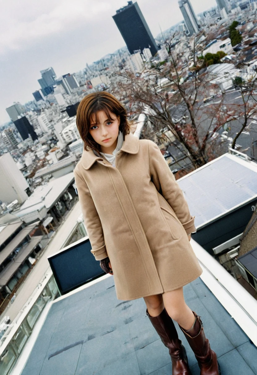 (masterpiece, best quality), (extreme high angle shot), shot from above, 1girl, solo, billboard, brown eyes, brown hair, building, tokyo city, cloudy sky, coat, boots, from side, light frown, looking at viewer, outdoors, rooftop, sky, skyscraper