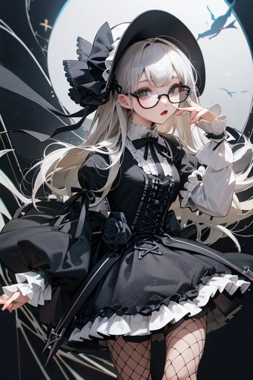 Highest quality、masterpiece、High sensitivity、High resolution、Detailed Description、Slender women、Glasses、Fishnet tights、Gothic ****ta、