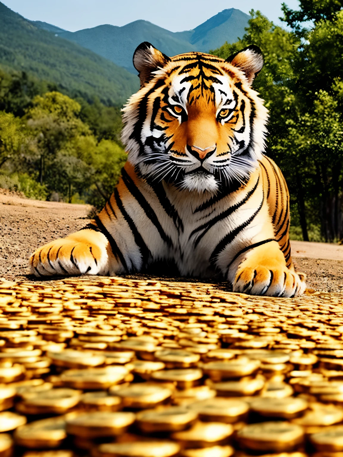 The ground is covered in gold coins。On top of that, Rin々A cute tiger is sitting。He is looking at me and yawning.。The sky is clear。