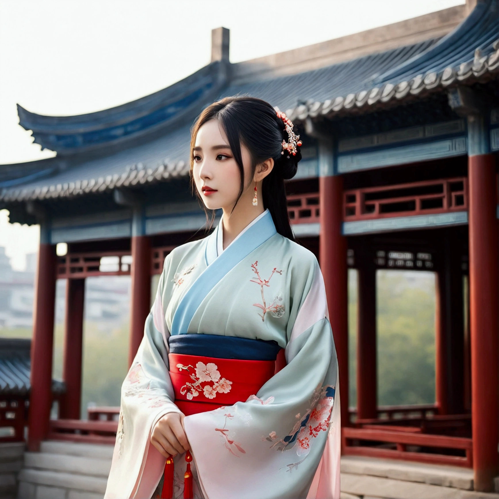 Beautiful girl ,Wearing gorgeous Hanfu, Chinese style building, landscape、Flat Chest、